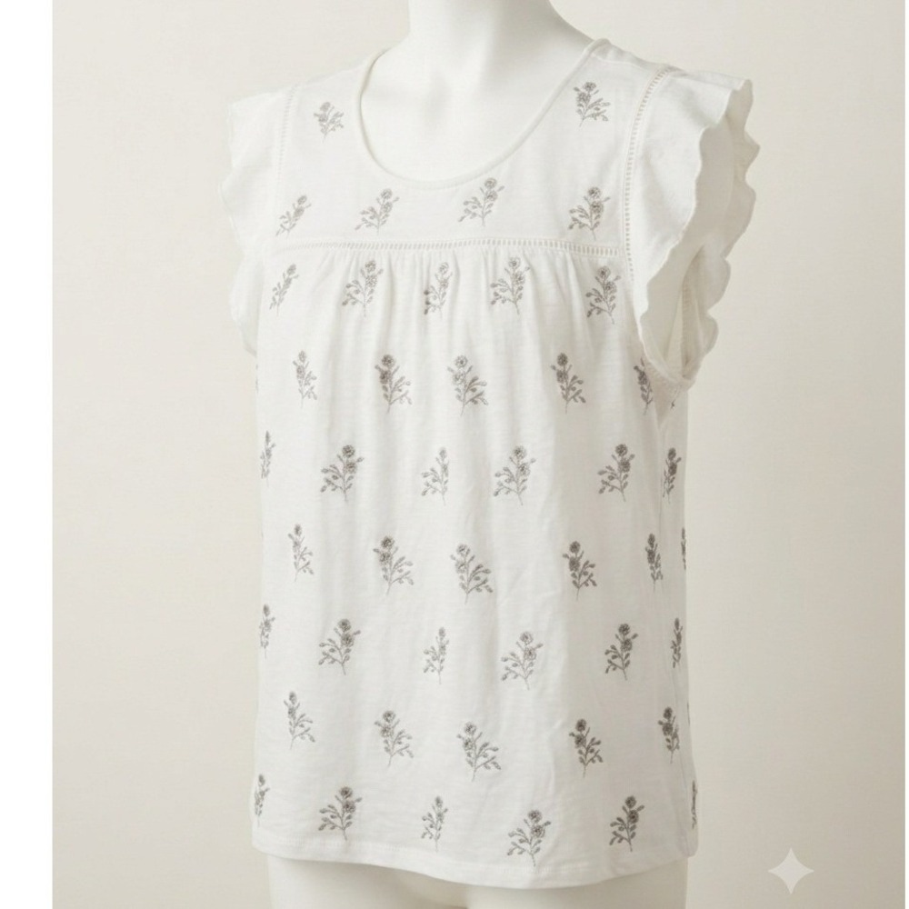 Style & Co Womens XL White Floral Embroidered Flutter Sleeve Lace Trim Blouse